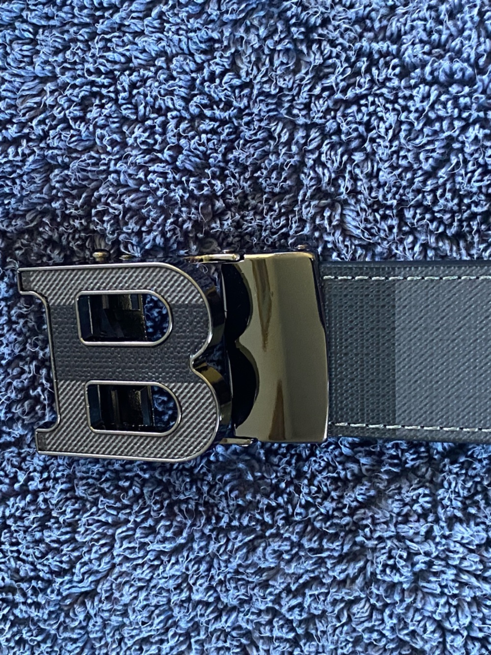 Burberry Black and Gray Belt with “B” Buckle 120cm